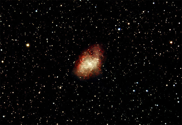 M1 -- The Crab Nebula
[url=http://www.seds.org/messier/m/m001.html]M1 - The Crab Nebula[/url], supernova remnant in Taurus, January 14, 2005
Maxim DL, Luminance Deconvoluted with CCD Sharp, Color Combine in Photoshop
