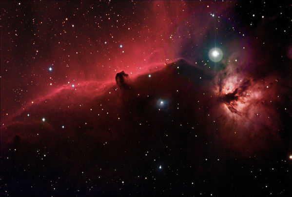 IC 434 -- The Horsehead Nebula and NGC 2024 -- The Flame Nebula
IC 434 -- The Horsehead Nebula and NGC 2024 -- The Flame Nebula, emission nebulae obscured by dust around the star Alnitak in the constellation Orion,  December 3, 2005
Ha incorporated as Luminance, Maxim DL, Photoshop, Ha added as luminosity layer, Red layer added as second luminance layer to restore brightness to the stars.
