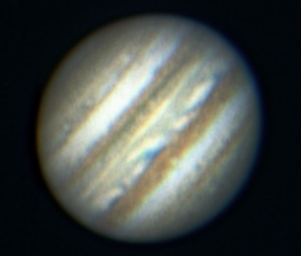 Jupiter, April 29, 2006
Jupiter, shot at f20.  Processed with Registax and Photoshop.  Jupiter was fairly low in the sky, so there is some color gradient from the atmosphere and overall the shot is not that clear.
