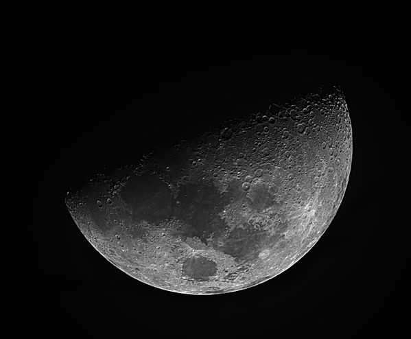 Moon, First Quarter
Moon, January 6, 2006.  20 of 50 shots combined in Registax, final processing in Photoshop
