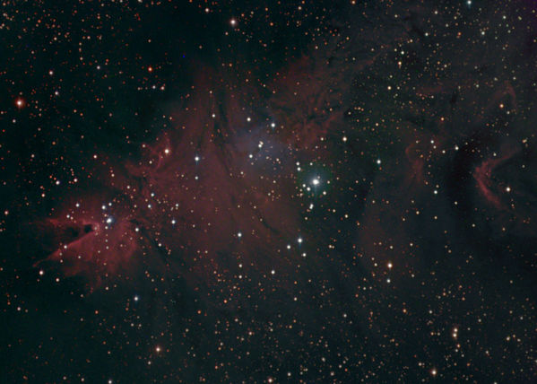 NGC 2264 The Cone Nebula in HaRGB
NGC 2264 -- The Cone Nebula and the Christmas Tree Cluster in Monoceros. HaR RGB image with the HaR layer as luminance. Pocessed in Maxim DL and Photoshop.  The color is still not right.
