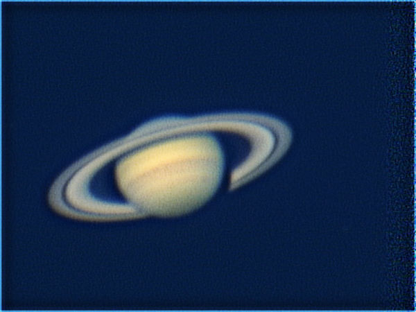 Saturn @ f30
Saturn, taken in a short period between clouds, with slightly different processing than the prior image.  I sharpened in Registax using diadic ^2 curves settings.  I think I got slightly better visibility of the rings and stripes.  I also raised the black point in  Photoshop, other processing was the same.
