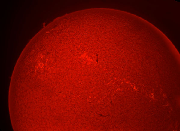 Sun in Ha 14-Sep #1
The Sun in Ha taken through a Lunt 80mm dedicated solar telescope.  Video stream stacked in AviStack, processed in PixInsight, finished in Photoshop.
