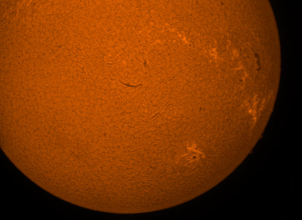 Sun in Ha 14-Sep #2
The Sun, captured with an Imaging Source camera, stacked with AVI Stack, processed with PixInsight, with final touch up in Photoshop.  I tweaked the color a little bit to make the details on the Sun more visible.
