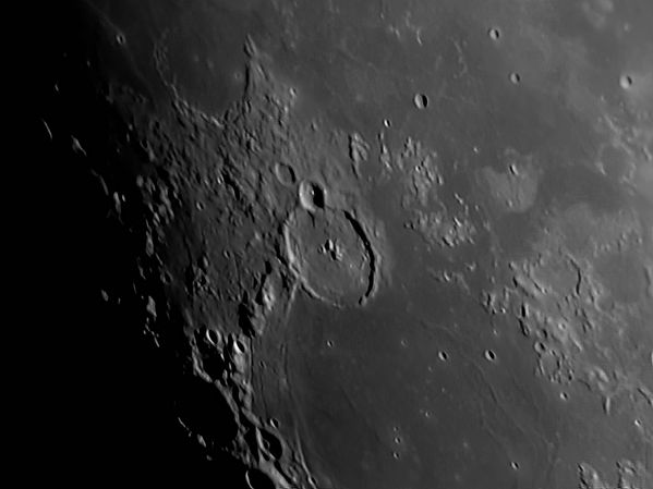 Crater Gassendi
Crater Gassendi, taken a few days after the first quarter Moon.  Aligned and stacked in Registax, two versions of sharpening using deconvolution and wavelets in PixInsight.  The two versions were combined in Photoshop.
