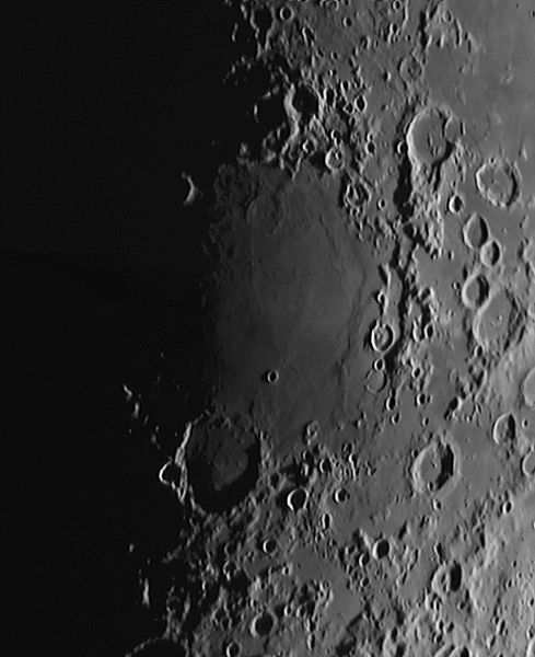 Mare Nectaris
Mare Nectaris, taken a few days after the new Moon.  Fracastorius crater is the large crater at the bottom of the mare, crater Rosse is the small crater in the mare.  This is a mosaic of two shots, combined in Photoshop and processed in PixInsight.  The image was upsampled by 2x at the start of processing.  Selection of the resampling algorithm was critical -- bilinear and even bi-cubic bi-spline added noise, cubic bi-spline had its problems but was the best overall.
