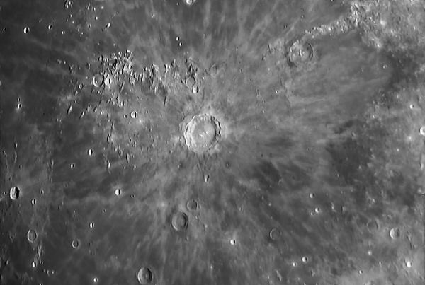 Copernicus 2/17/08 V1
Copernicus Crater on the Moon, a four-picture mosaic built in Photoshop, with all other processing in PixInsight. This is the first of two versions of the image. The contrast was stretched and enhanced aggressively in this version
