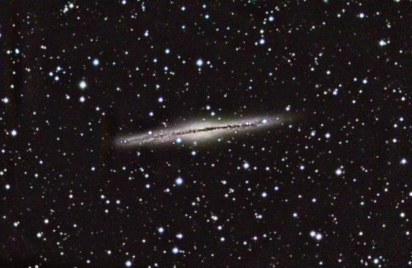 NGC 891 -- Spiral Galaxy in Andromeda
Processes with data from December 18, 2004 and November 17 2006.  5 hours 5 minutes actual, 7 hours 20 minutes effective exposure. Processed with Maxim DL, CCDStack, and Photoshop, using GradientXterminator.  Luminance combined from clear, luminance, and RGB filters unbinned.  Color combines binned and unbinned sub-exposures.
