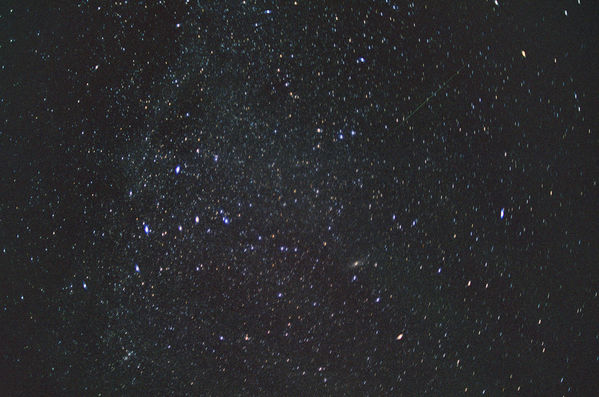 Perseid Meteor 2007
A Perseid Meteor is visible as a faint trail in the upper right quadrant of the photo.  The fuzzy spot near the center is M 31, the Andromeda Galaxy, and Cassiopeia is visible on the left side of the photo.  Taken with Kodak ASA 400 color negative film, scanned at high definition by Samy's Camera, processed in PixInsight.
