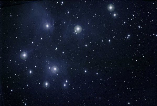 M45 -- The Pleadies
M45 - The Pleadies, Maxim DL, Photoshop.  This was a particularly difficult image and I am not fully satisfied with the result.  The problem is blooms and the great contrast between dark and light.  The blooms lead to the small "X" on each bright  star.
