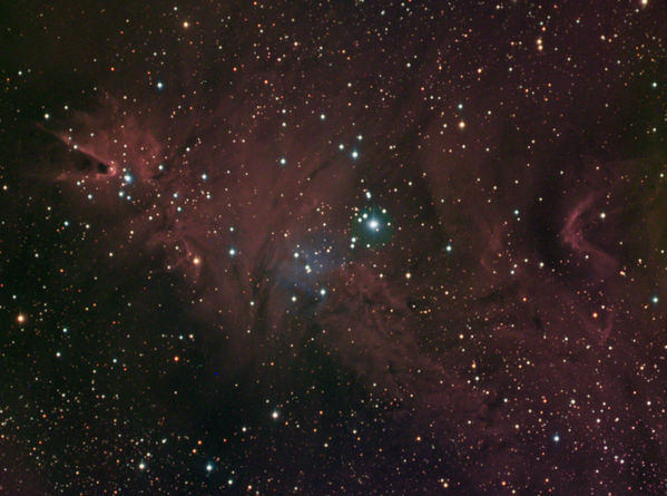  NGC 2264 The Cone Nebula in HaRRGB
NGC 2264 -- The Cone Nebula and the Christmas Tree Cluster in Monoceros. HaR HaRGB image with the HaR layer as luminance and as red. Pocessed in Maxim DL and Photoshop.  I used LLRGB type processing when applying the HaR layer as luminance, note that the red layer is HaR as well.

