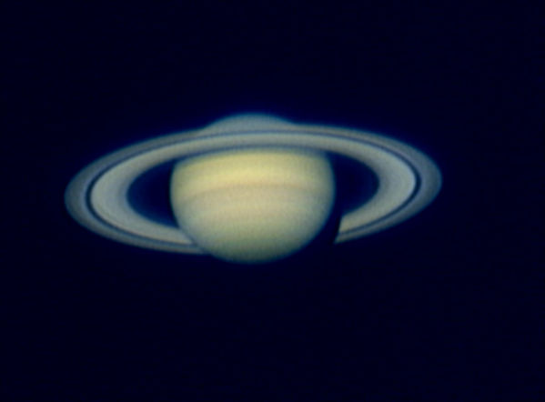 Saturn @f40, April 8, 2006
Saturn, April 8, 2006, from my first set of f40 shots taken through a Televue Powermate.  Registax and Photoshop.  I increased the bit resolution by 4x in Photoshop so I had more granularity to work with when sharpening and blurring.
