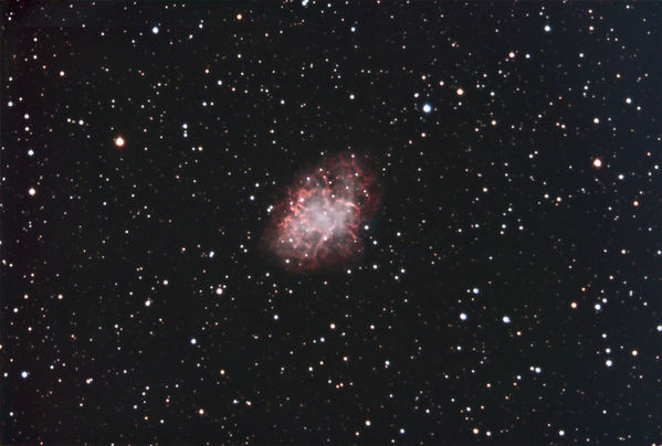 M1 -- The Crab Nebula
M1 -- The Crab Nebula, Supernova Remnant in Taurus, reduced/debloomed in Maxim DL, aligned and stacked in CCDStack, gradient removal, color combine, and noise reduction in PixInsight, final processing in Photoshop
