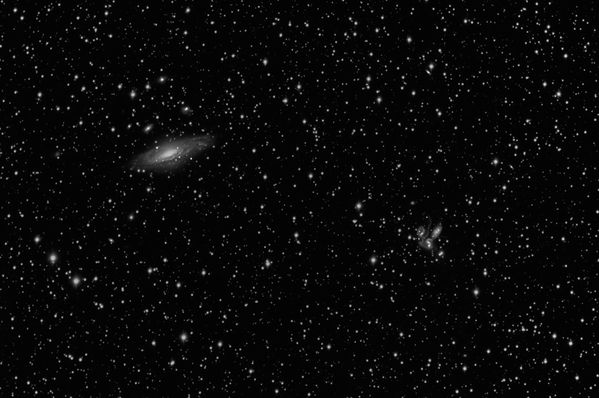 Deer Lick Group and Stephan's Quintet
This image of two galaxy groups in Pegasus is the first image from the new observatory.  NGC 7331 is the largest of the two groups.  Acquired with ACP and Maxim DL, calibrated in Maxim DL, aligned and stacked in CCDStack, processed in PixInsight and Photoshop.
